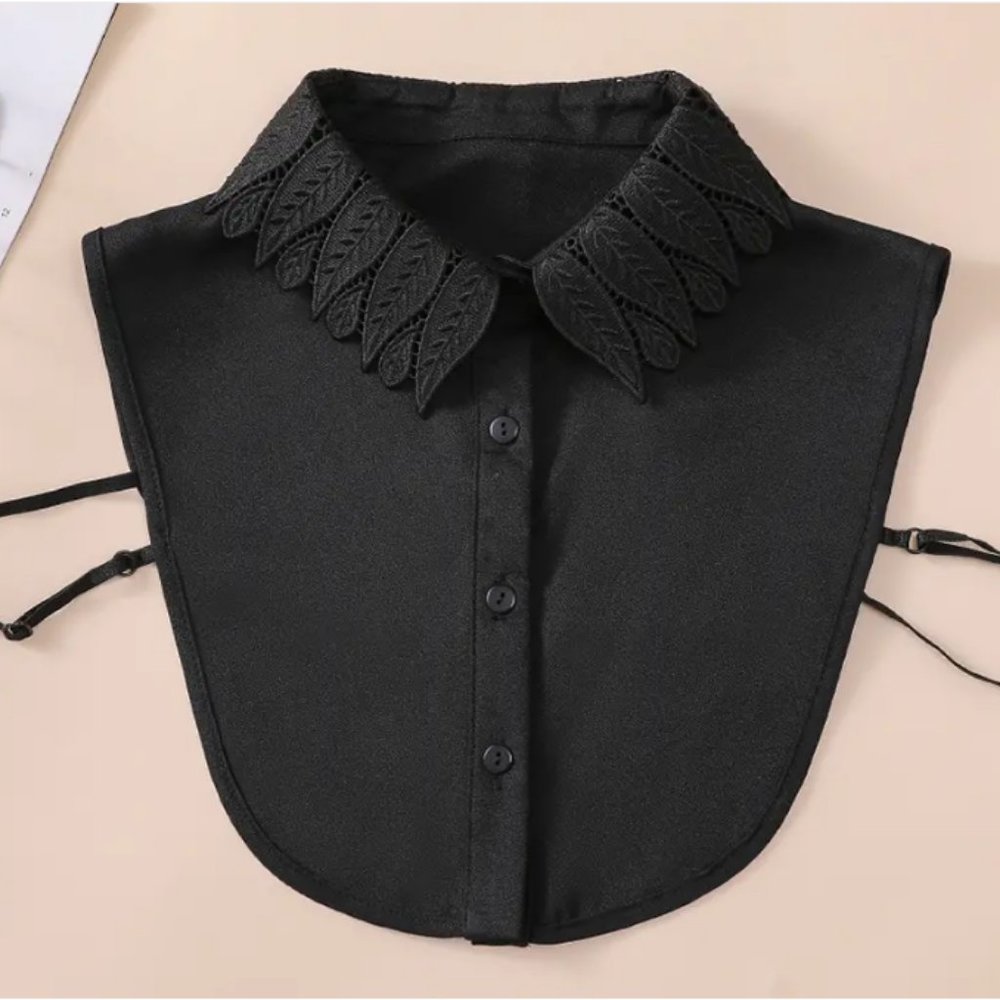 HP👌Black Chiffon False Collar Lace Leaf Embroidery - Picture 2 of 6